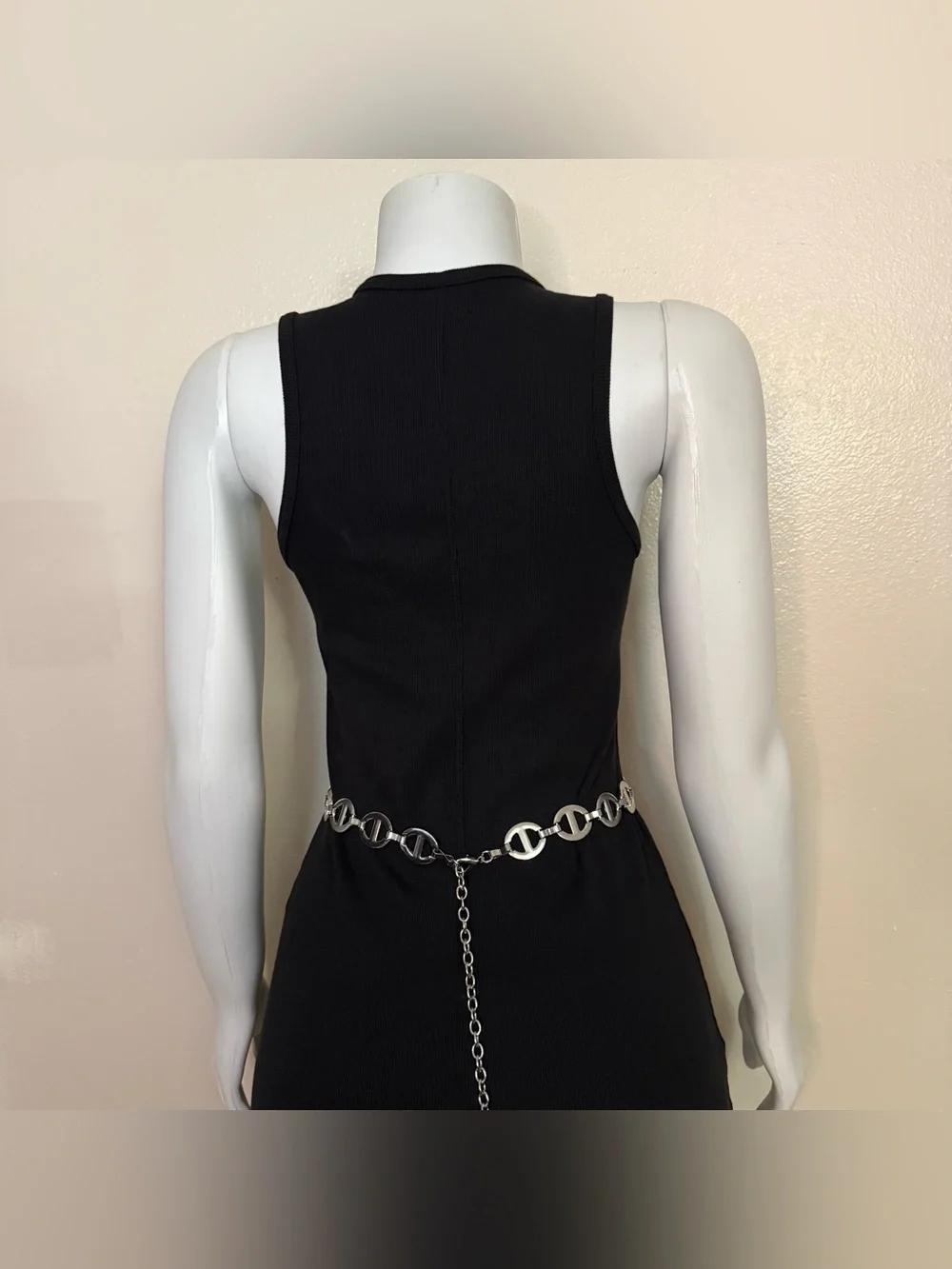 Silver tone metal chain belt with rhinestone details